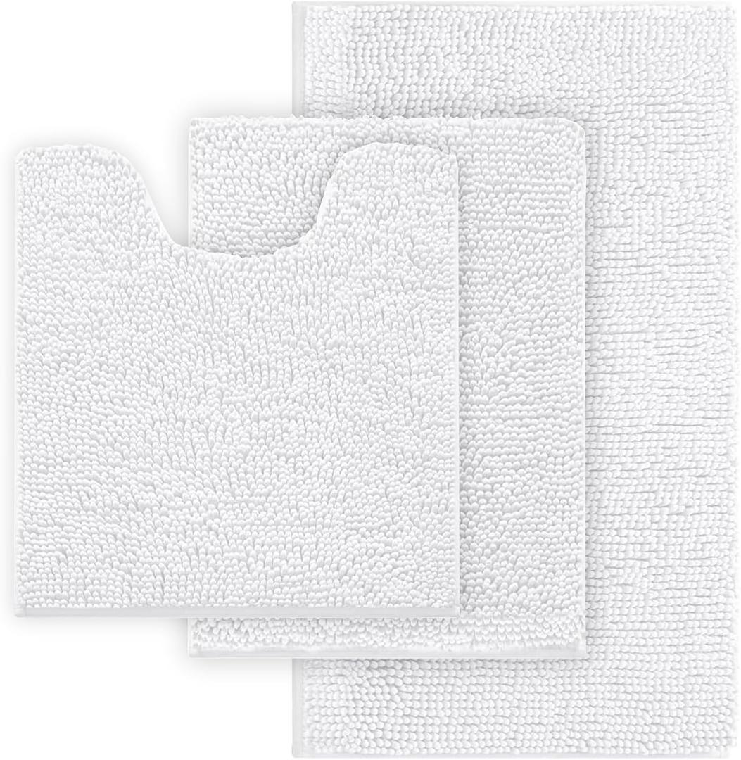 White Bathroom Rugs Chenille Bath Mat Set 3 Piece, Extra Soft, and Absorbent Shaggy Rugs, Machine Wash and Dry, Perfect Plush Carpet Mats for Tub, Shower, Bathroom Rug Mats