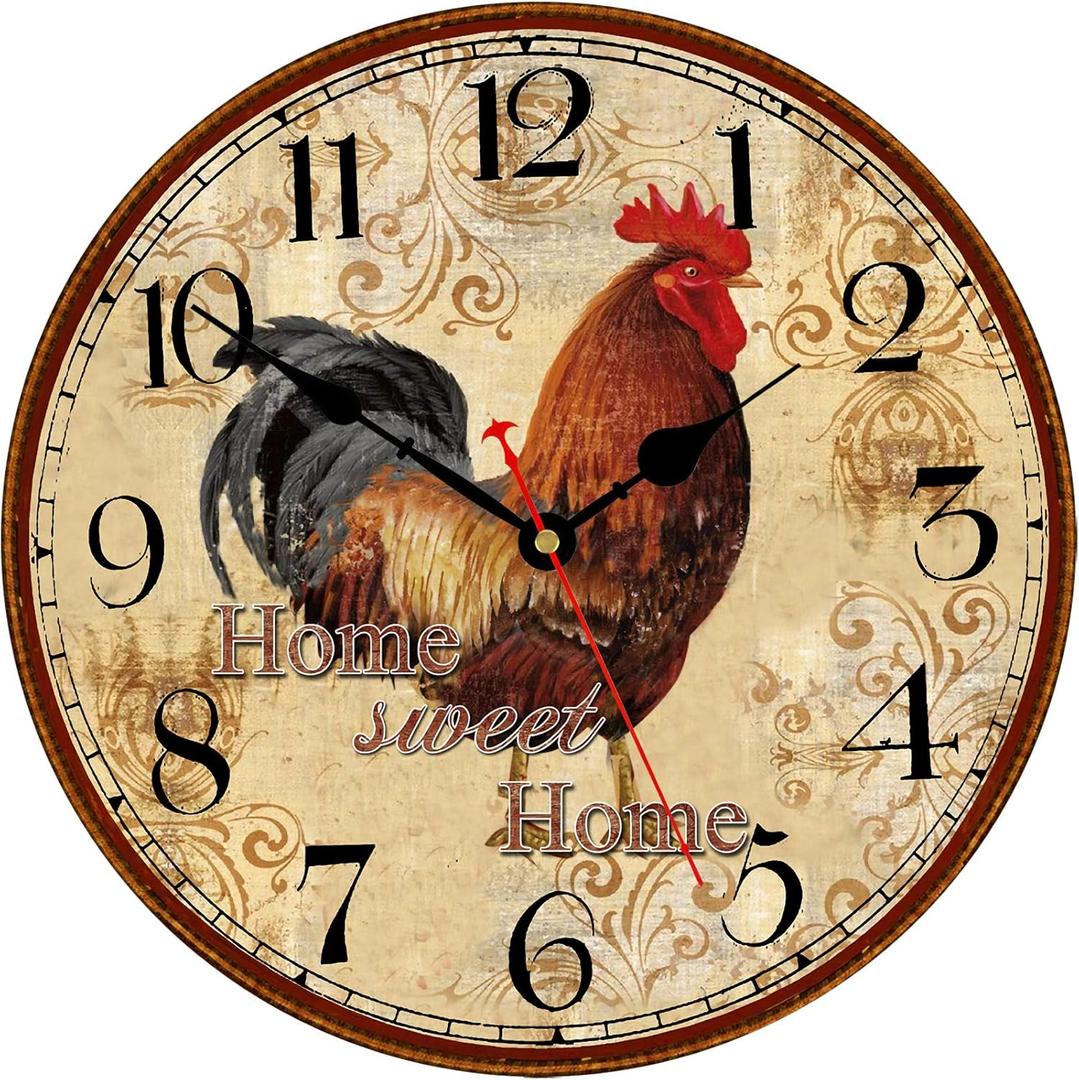 TAHEAT Farmhouse Rooster Wall Clock Battery Operated Silent Arabic Numerals Clock, Country Vintage Wall Clocks for Home/Office/School, 8 Inch