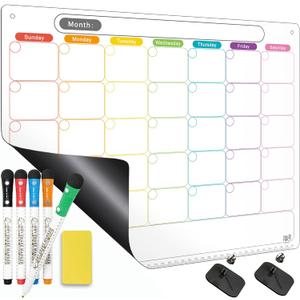 MAG-FANCY Dry Erase Calendar Kit- Magnetic Calendar for Refrigerator - Monthly Fridge Calendar Whiteboard with Extra-Thick Magnet Included 5 Marker & Eraser & Adhesive Hooks for Wall Hanging