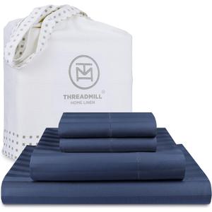 Threadmill 500 Thread Count Queen Size Damask Stripe, 4 Pc Luxury Cotton Sheet Set, Silky Smooth Folkstone Blue Sheets with 16" Elasticized Deep Pocket, 2 Pillowcases & Free Tote Bag