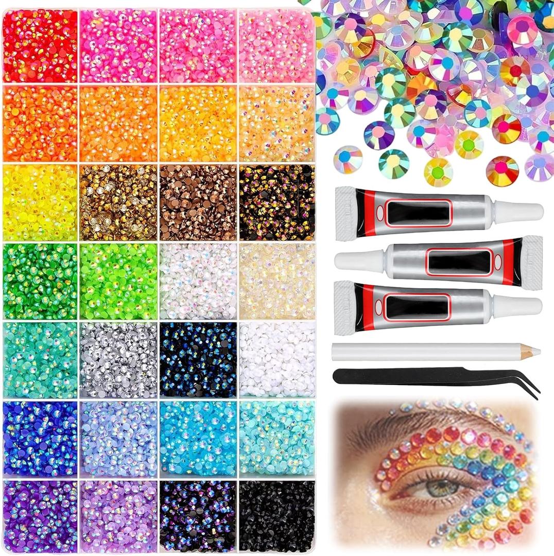 Colorful DIY Resin Rhinestone Kit for Bedazzling,Resin Jelly Rhinestones for Bedazzling,Multicolor Flatback Gems for Diamond Art 3Pcs Jewelry Glue for Bedazzled Nail Art (28000)