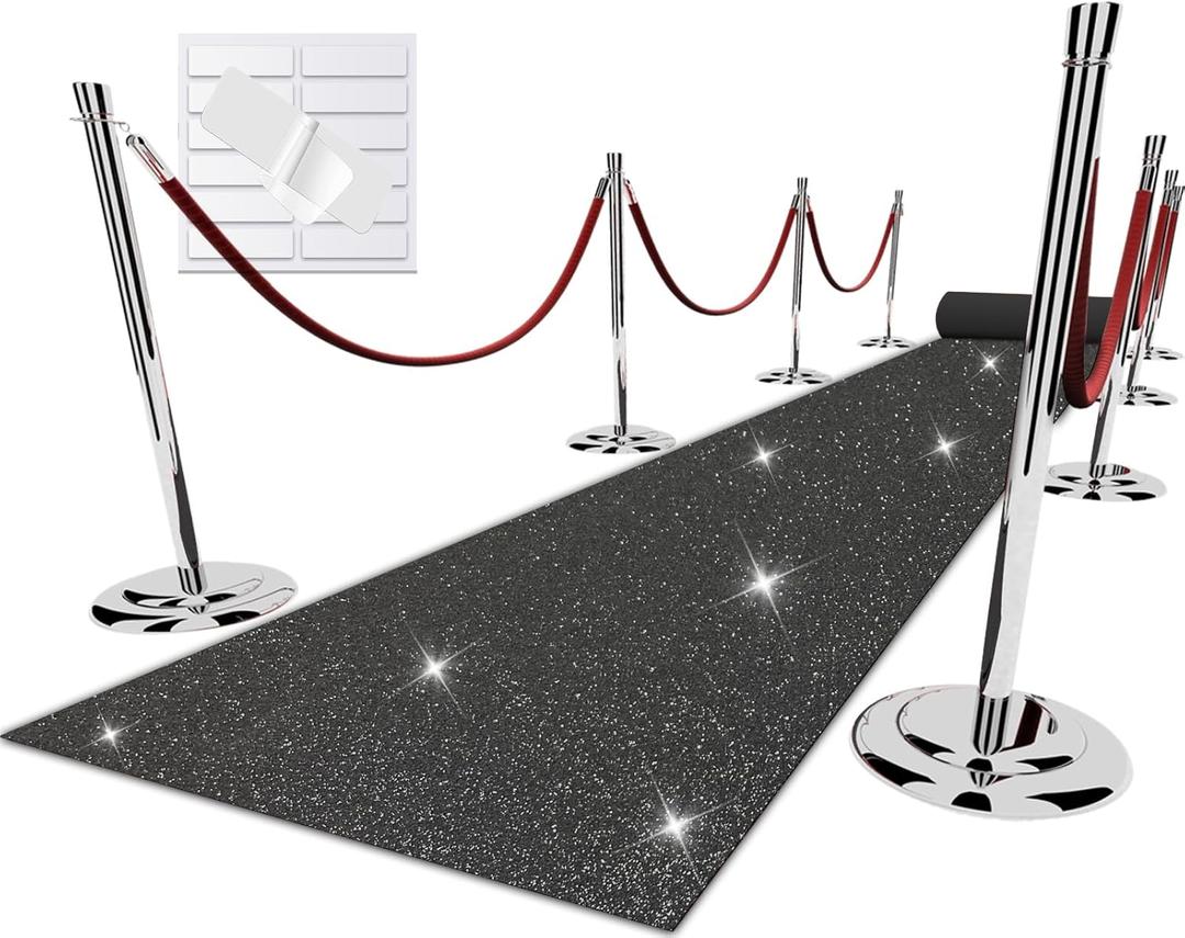 Glitter Black Carpet Runner for Party, 2.46X15ft, 200GSM Glitter Non-Woven Fabric, Hollywood Black Carpet for Event, Aisle Runner for Wedding Ceremony, Movie Theme Party Decorations