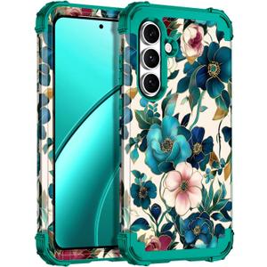 Hekodonk for Galaxy S25 FE Case,Three Layer Heavy Duty Shockproof Protection Hard Plastic+Soft Silicone Full Body Drop Protective Case for Samsung Galaxy S25 FE 6.7 inch,All Green Flower