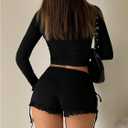 WDIRARA Women's Side Drawstring Ruched Lace Shorts Low Rise Stretchy Going Out Mini Shorts (Black, XS)