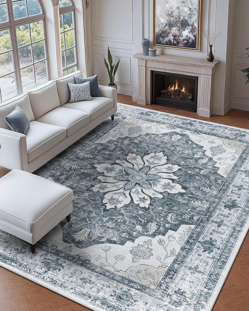 RELEANY Area Rugs 9'x12' Washable Non-Slip, Floral Vintage Distress Print Pattern Medallion Carpet for Living Room Bedroom Dining Room, Light Gray Grey White