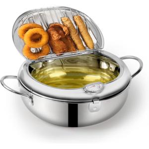 Deep Fryer Pot 304 Stainless Steel Japanese Frying Pot 2.2L, Janpanese Style Tempura Frying Pot with Lid, with Temperature Control Oil Drip Drainer Rack, or Fried Chicken, Shrimp, French, Chips dip