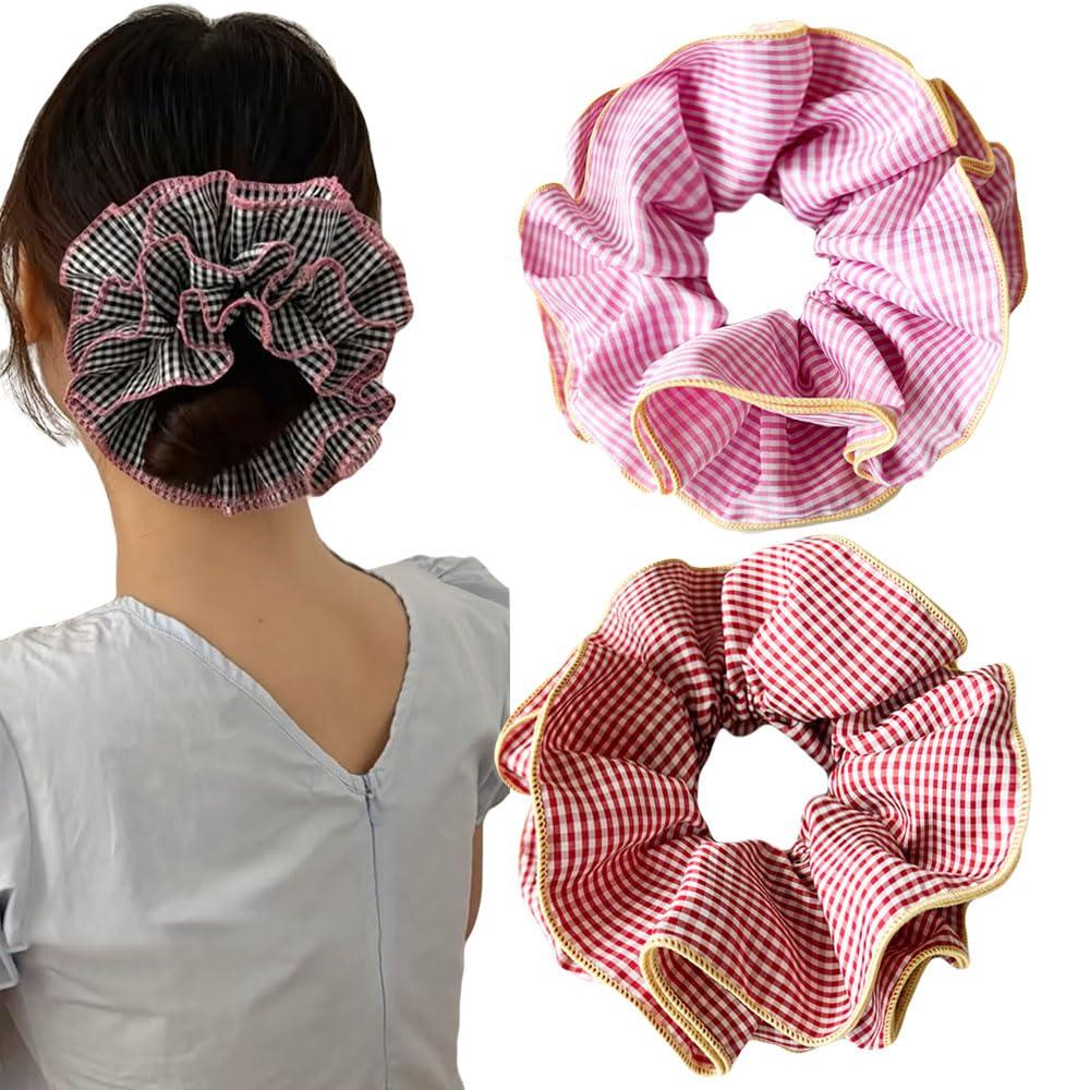 2 Pieces Large Lattice Ruffles Lace Plaid Hair Scrunchies for Women girls, oversized lace plaid hair ties ponytail Jumbo thick curly hairs bun (Pink Red)