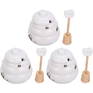 Amosfun Ceramic Honey Pot with Wooden Dipper and Lid 2.75 Inch Bee Pattern Honey Jar Set of 3 for Kitchen Table Home Use and Gift