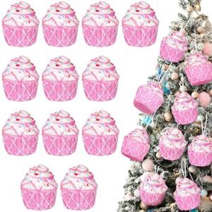 Vercraft 12 Pcs Cupcake Ornaments Set Christmas Hanging Christmas Tree Foam Cupcake Pastel Mini Dessert Ornaments for Xmas Tree Decoration Party Supplies (Pink Cupcakes)