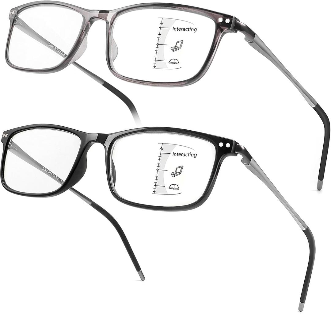 SKYOAK Premium 2 PACK Durable Progressive Multifocus Reading Glasses Men Blue Light Blocking Computer Reader
