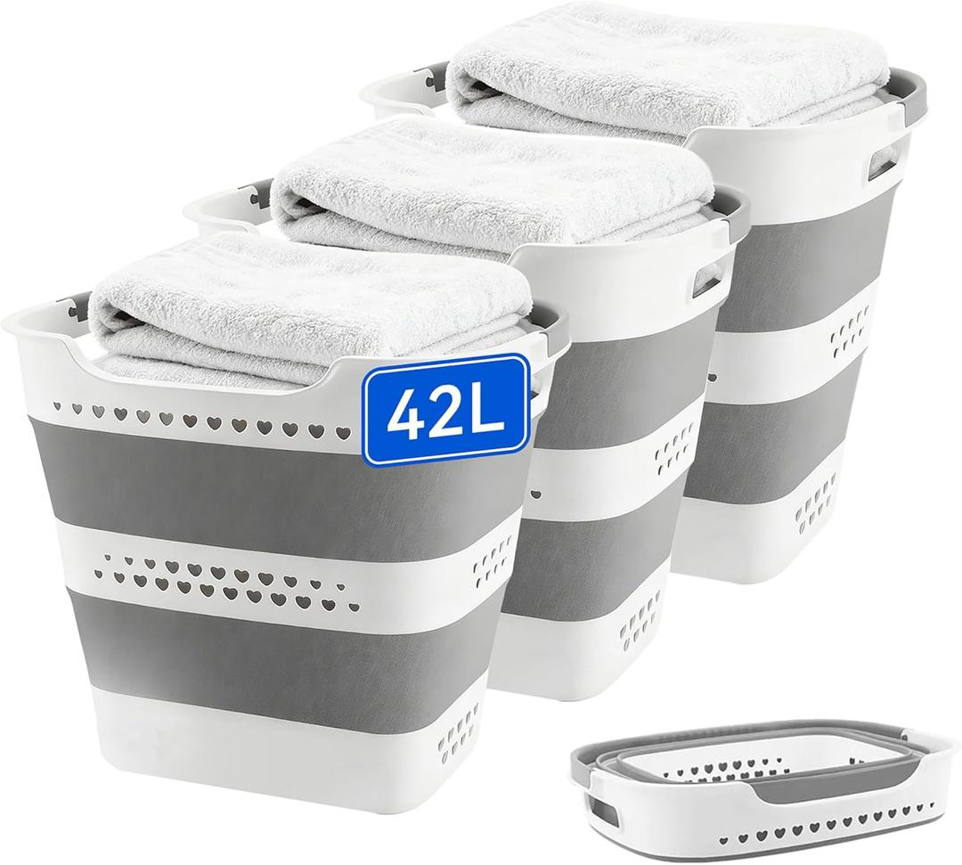 3 Pcs 42L Medium Collapsible Plastic Laundry Basket with Handles, Foldable Laundry Basket Hamper, Pop Up Storage Container Organizer for Washing Storage (Gery, 17 Inch * 13 Inch * 15 Inch)