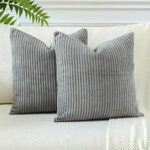 OTOSTAR Pack of 2 Throw Pillow Covers 18 x 18 Inch Soft Corduroy Decorative Square Solid Striped Cushion Case Couch Farmhouse Home Boho Decor Throw Pillows for Sofa Bed Living Room (Grey)