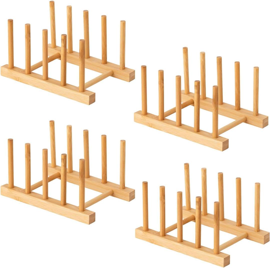 Yuixoseu 4 Pcs Bamboo Wooden Dish Rack, Plate Organizer for Cabinet Space Saver and Kitchen Counter, Bowl/Cup/Pot Lid/Cutting Board Drying Holder (4 Slots)