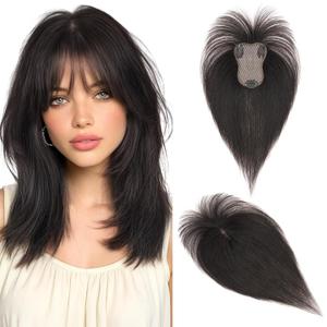 Hairro Real Hair Topper With Bangs Clip In Small Human Hair Toppers For Women Wispy Short Thin Remy Natural Black Topper Hairpieces Fake Bangs Hair Clip 10 Inches 20g #1B