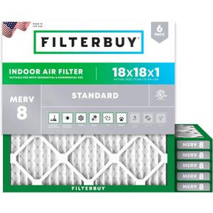 Filterbuy 18x18x1 Air Filter MERV 8 Dust Defense (6-Pack), Pleated HVAC AC Furnace Air Filters Replacement (Actual Size: 17.75 x 17.75 x 0.75 Inches)
