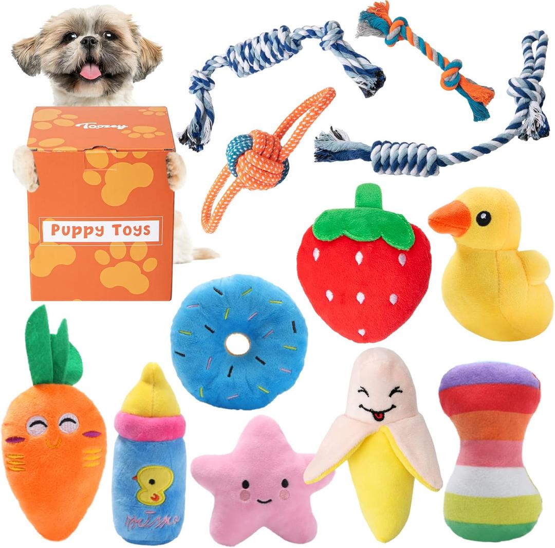 Toozey 12 Pack Puppy Teething Toys for Small Dogs - Plush Squeaky & Rope Chew Set Bundle, Safe Durable and Non-Toxic for Interactive Play and Dental Health