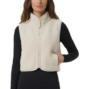 Cropped Fleece Vest Women Zip Up Stand Collar Warm Sherpa Vest Fall Cute Sleeveless Fleece Waistcoat with Pocket (Large, Beige)