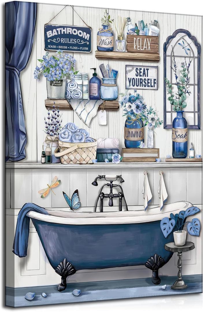 Navy Blue Bathroom Rules Canvas Wall Art Blue Farmhouse Toilet Painting Picture Wall Decor Poster Prints Artwork for Washroom Lavatory Home Decoration