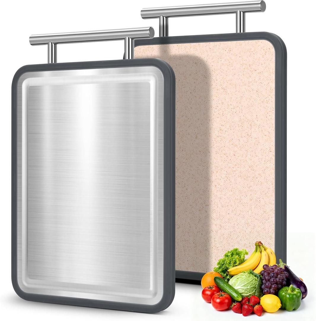 Small Stainless Steel Cutting Board 8 * 10 Inch, IDekooror Double Sided Steel Chopping Board for Kitchen, Steel and Wheat Straw PP 2-in-1 Cutting Board for Meat, Vegetables, Fruits, Dishwasher Safe