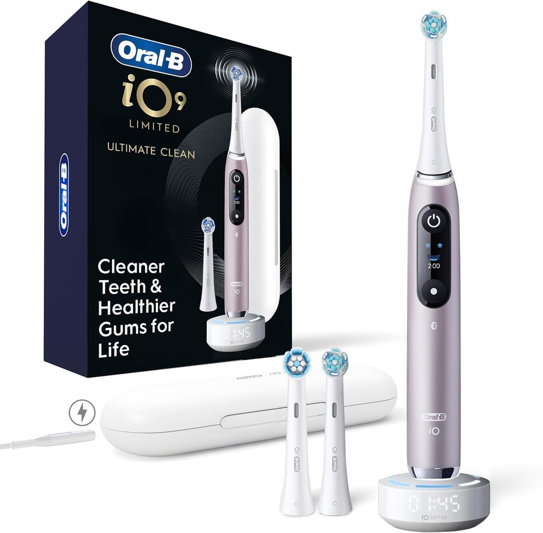 Oral-B Rechargeable Electric Toothbrush, iO9 Limited Ultimate Clean, 7 Cleaning Modes, Interactive Display, iSense Charger, Charging Travel Case, Visible Pressure Sensor, 3 Brush Heads, Rose Quartz