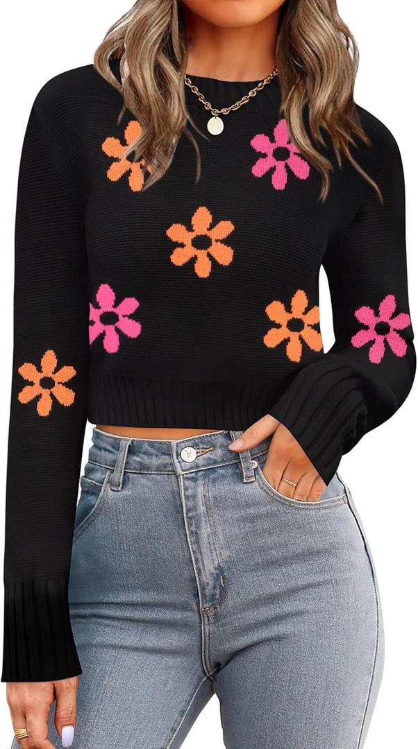 Zeagoo Women's 2026 Fall Crewneck Cropped Sweater Trendy Long Sleeve Ribbed Knit Pullover Jumper Tops (Z-black-flower) Size S