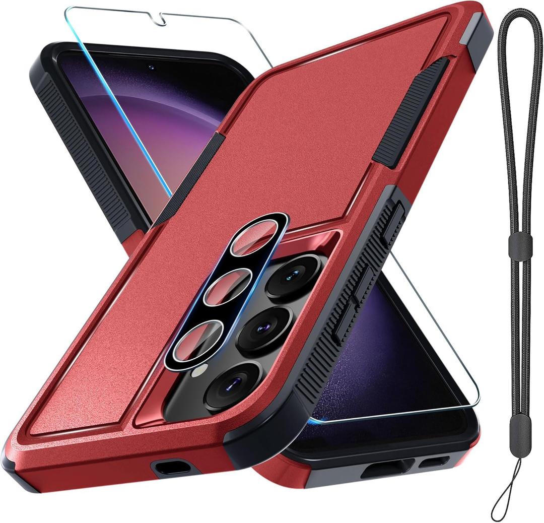 RMOCR Case for Samsung Galaxy S25, Full Body Heavy Duty Rugged Shockproof Protective Phone Cover with Lanyard Strap, Tempered Glass Screen Protector and Camera Lens Cover, Red