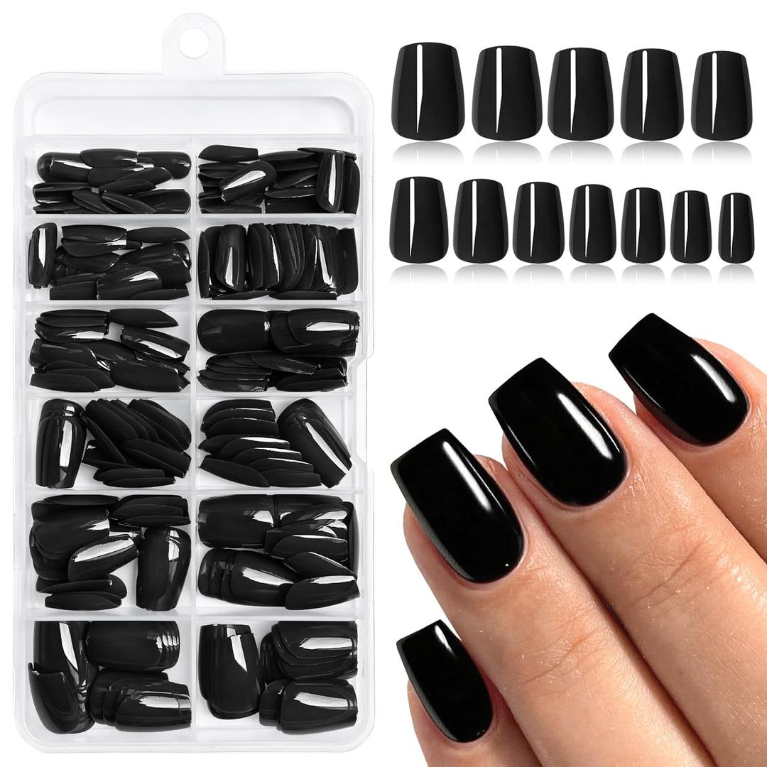 240pc Black Coffin Press on Nails Short Fake Nails Press ons for Women Acrylic Nail Presson Nail&Glue Tabs, Short Black Fingernails Coffin False Fingernail Tip Stick on Artificial Fingernail