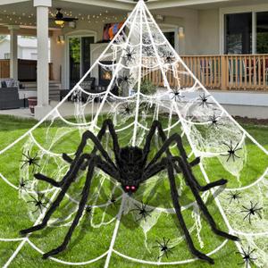 Nirohee Giant Halloween Decorations Outdoor Set,197" Triangle Spider Web with 59" Giant Spiders,86 Sqft Stretchy Spider Web,20 Fake Spiders,Halloween Party Decorations for Yard Haunted House Decor