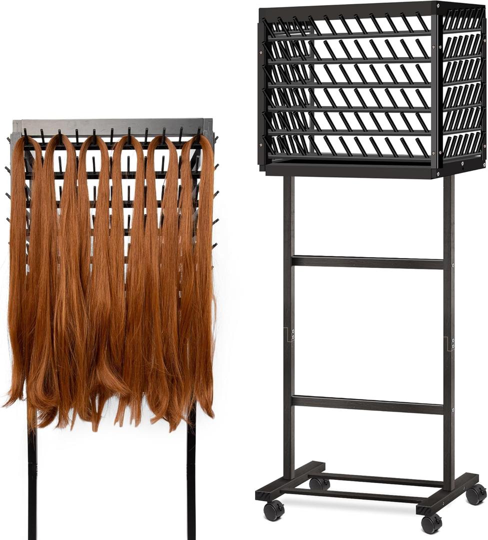 GENMOUS Black Braiding Hair Rack - 150 Pegs, Tri-Sided Braid Rack with 4 Wheels and Large Storage Shelf, for Braiders Standing Home,Hair Separator Stand for Hairstylists