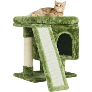YANDLVY Small Cat Tower for Cats, Cute Cat Tree for Indoor Cats, Kittens Condo with Scratching Post and Board, Cat Cave, Modern Cat Activity House with Plush Perch (Green)