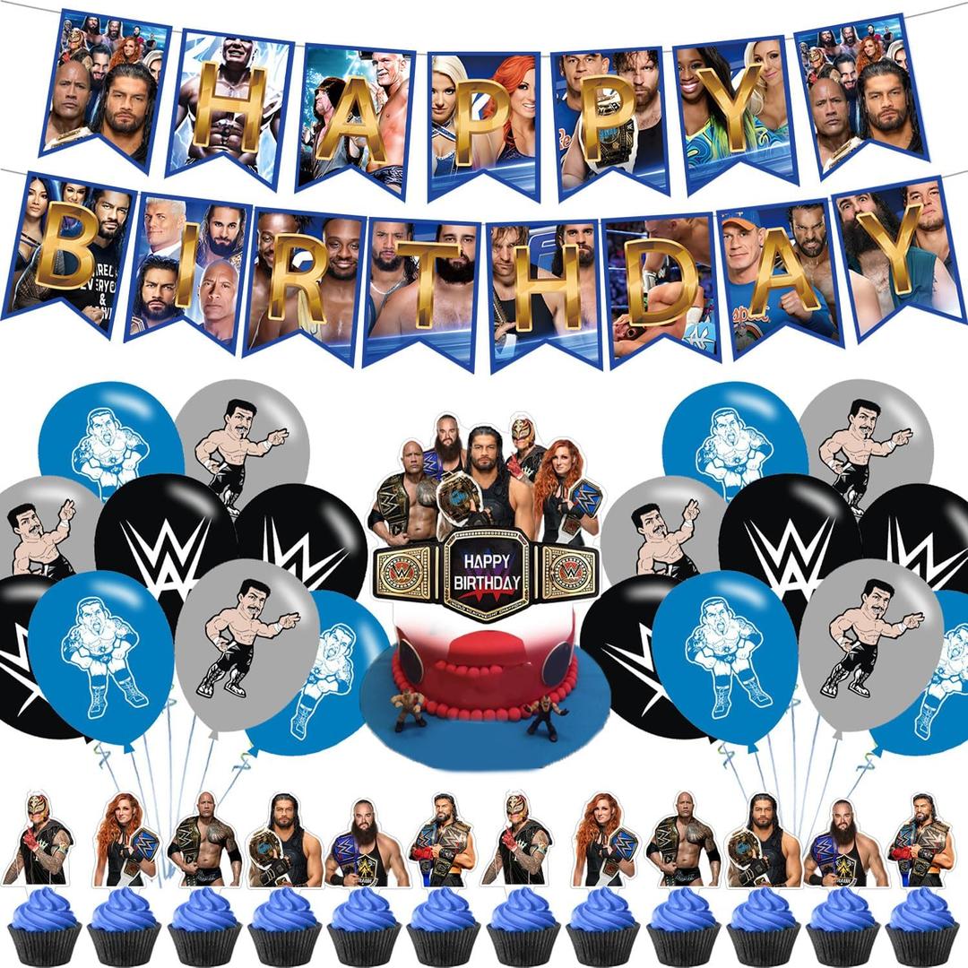 2 x Wrestling Party Decorations Set, Wrestling Boxing Match Birthday Party Supplies for Boxing Includes Birthday Banner,Cake & Cupcake Toppers,Balloons
