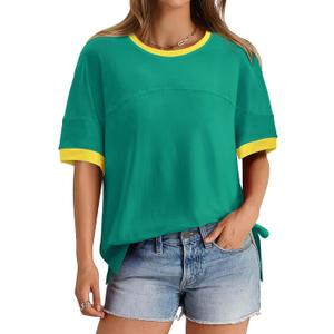 BTFBM Womens Oversized T Shirts Dressy Casual Short Sleeve Summer Tops Crew Neck Color Block Blouse Loose Fit Basic Tee (Green, L)