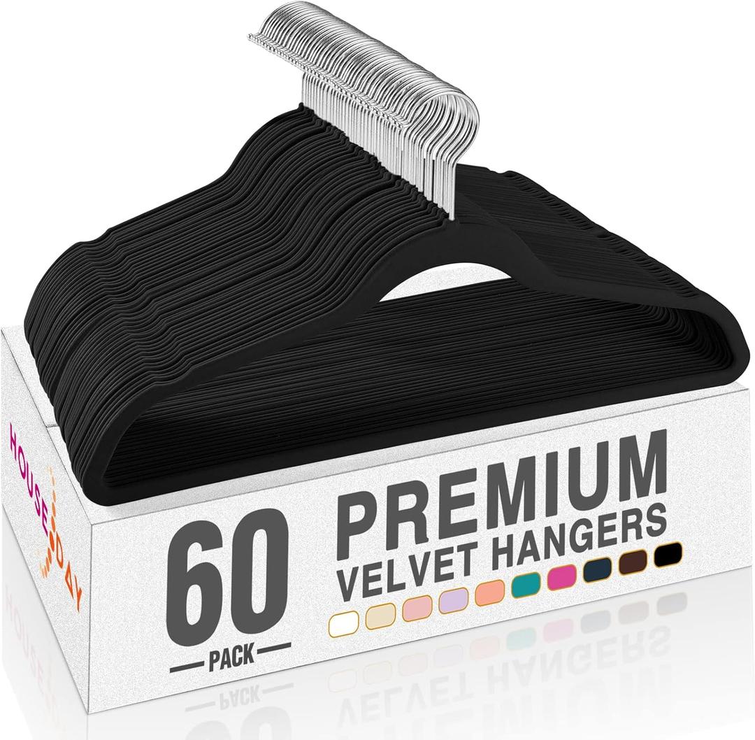 HOUSE DAY Black Velvet Hangers 60 Pack, Non Slip Clothes Felt Hanger Heavy Duty for Coat, Premium Slim Space Saving Suit Hangers for Closet Organizer, 360 Rotating Silver Hook