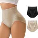 Women Tummy Control Underwear, High Waisted Lace Panties, High Cut Silky Soft Ladies Postpartum Brief 2 Pack, M