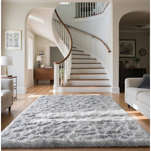 Zentavio Grey and White Area Rugs for Living Room Large Men Room Carpet 5x8 Bedroom Fluffy Furry Shag Aesthetic Plush High Pile Floor Rug for Kids Room Dorm Home Decor Tie-Dyed Grey White