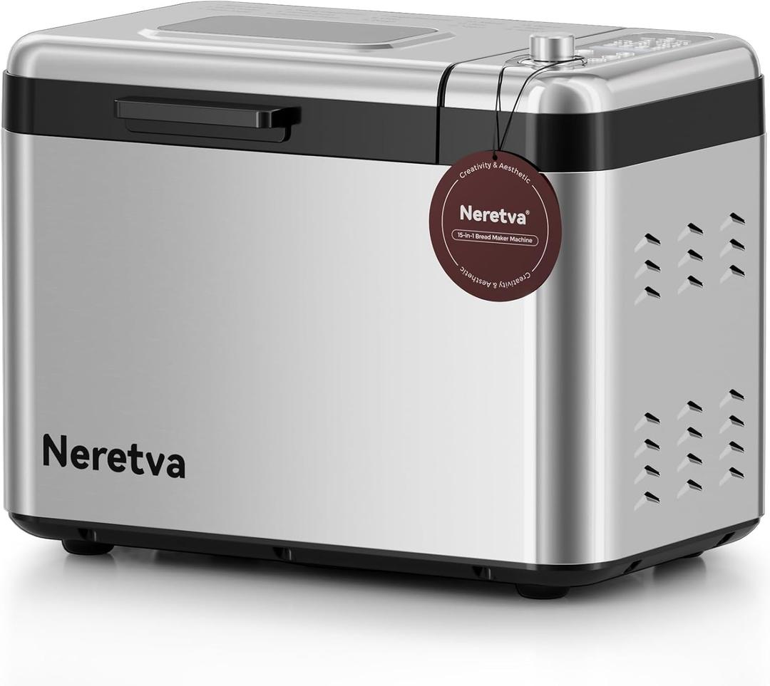 Neretva Bread Maker, 3.3LB Larger Bread Machine 15-in-1 Stainless Steel & Nonstick Ceramic Pan & Auto Nut Dispenser Breadmaker Machines Full Touch Panel with Gluten Free White Wheat Rye French Pizza (Silver)