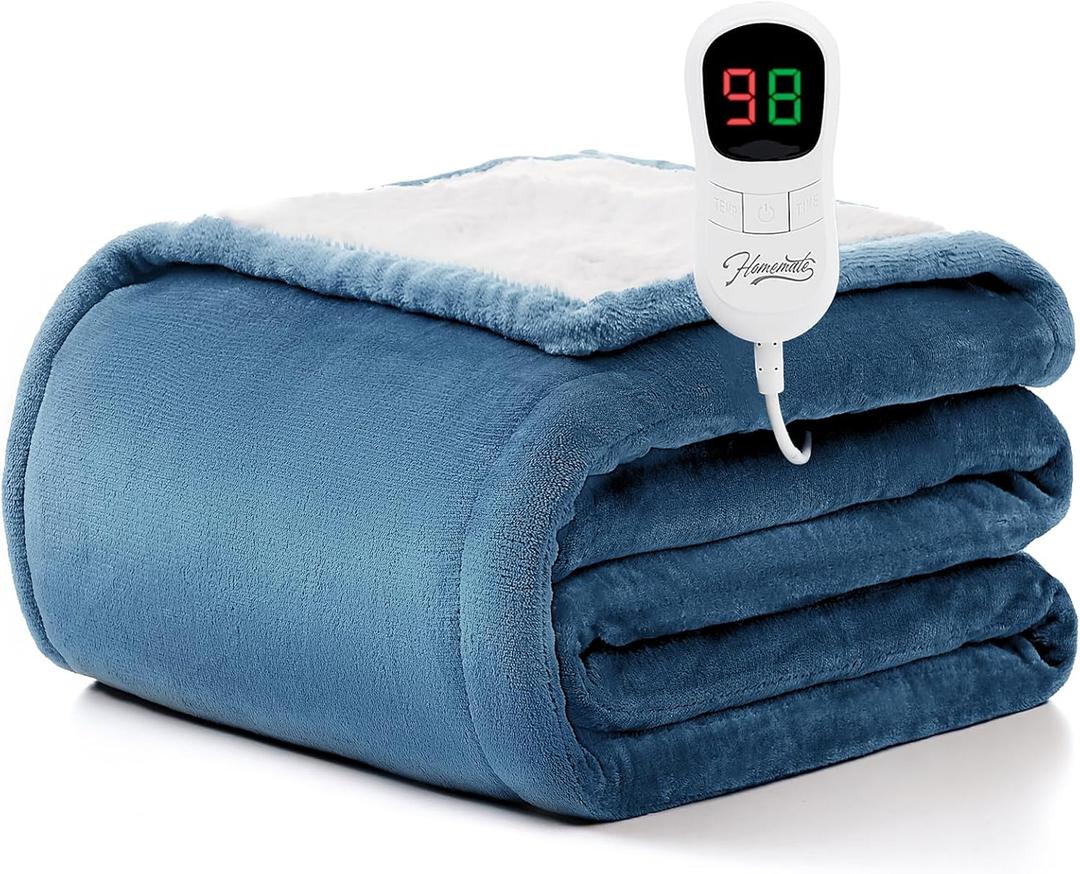 Homemate Heated Blanket Electric Throw - 50"x60" Heating Blanket Throw 1/2/4/6/8 Hours Auto-Off 10 Heat Level Over-Heat Protection Flannel Sherpa ETL Certification (08 - Light Blue)