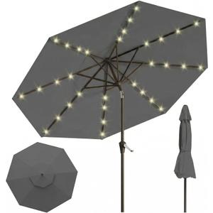 10FT Solar Lighted Patio Umbrella, Outdoor Table Market Umbrellas with Push Button Tilt and Crank, 32 LED Lights, 8 Sturdy Ribs, UV-Resistant for Deck, Garden, Pool