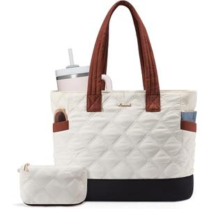 LOVEVOOK Tote Bag for Women, Quilted Work Puffer Bag with Large Water Bottle Holder for Travel, Daily, Nurse Bag Handbag, 15.6 inch