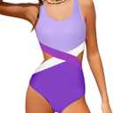 Girls Swimsuit One Piece Cutout Bathing Suit for Girls Cute Swimwear Color Block Beach Padded (13-14 Years, Purple)