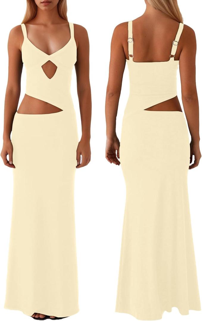 ISZPLUSH Womens Cocktail Maxi Dress V Neck Cut Out Sleeveless Backless Spaghetti Strapless Party Streetwear Long Dress (X-Small Tall, Light Yellow)
