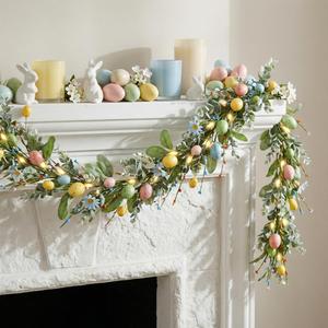 5.7FT Spring Garland with Pastel Eggs, PVC Plastic Material, Green Eucalyptus Leaves and Berries, Decorative for Home, Fireplace, Doorway and Table (Easter-Garland, 5.7ft)
