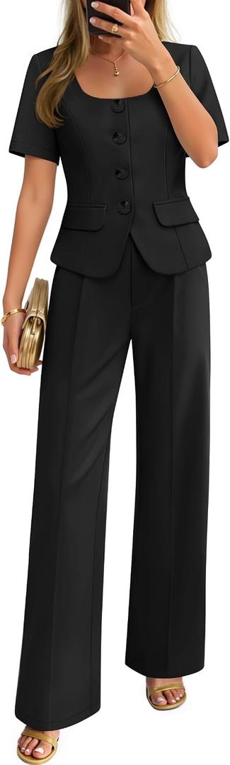 ZESICA Women's Summer Two Pieces Suits Set 2026 Short Sleeve Blazer Wide Leg Pants Business Casual Outfits Sets, Black, Large