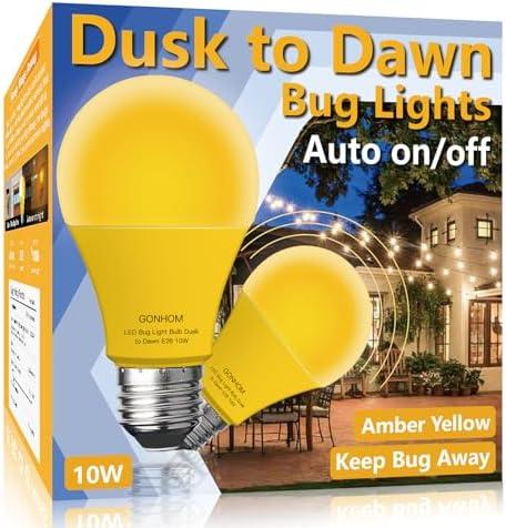 Gonhom Dusk to Dawn Bug Light Bulb Outdoor,2 Pack Amber Bug Light Bulb,Auto On/Off,10W(100W Equivalent),E26 Base,Bug Lights for Outside.Home Hallway Porch Lights.Decorative Lamps.Bedroom