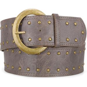 Wide Chunky Leather Belts for Women 2.3" Western Vintage Boho Studded Thick Waist Belt for Dresses (4-grey/ 2.3" Width)