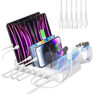 SooPii Premium 6-Port USB Charging Station Organizer for Multiple Devices, 6 Short Charging Cables and One Upgraded i-Watch Charger Holder Included, for Phones, Tablets, and Other Electronics, White