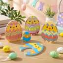 Yousoontic 8 Pcs Easter Egg Table Decor Wooden Nesting Chick Egg Signs Farmhouse Easter Tiered Tray Decor Colorful Polka Dot Stripe Eggs Tabletop Centerpiece Spring Decorations for Home Office Shelf