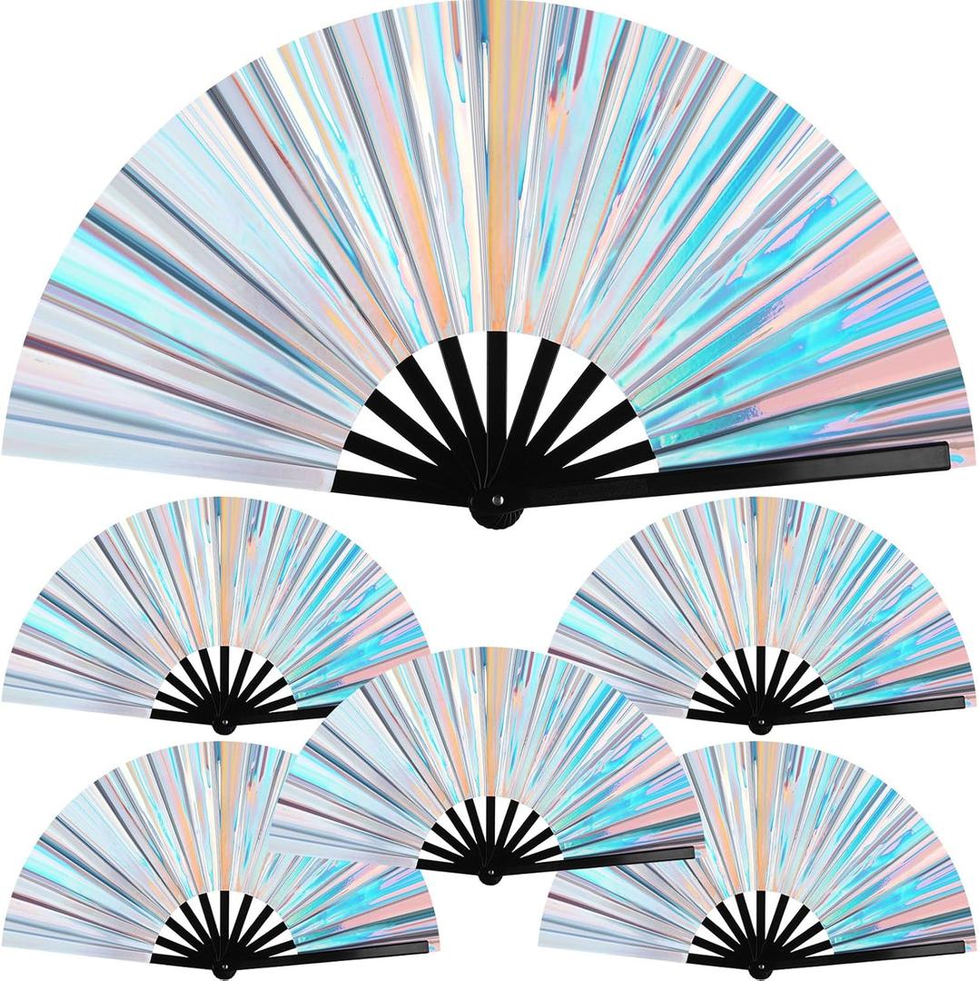 6 Pcs Large Folding Fan for Line Dancing 13" Big Holographic Rave Handheld Popping Clapping Fans Boots on the Ground Fan for Women(Silver)