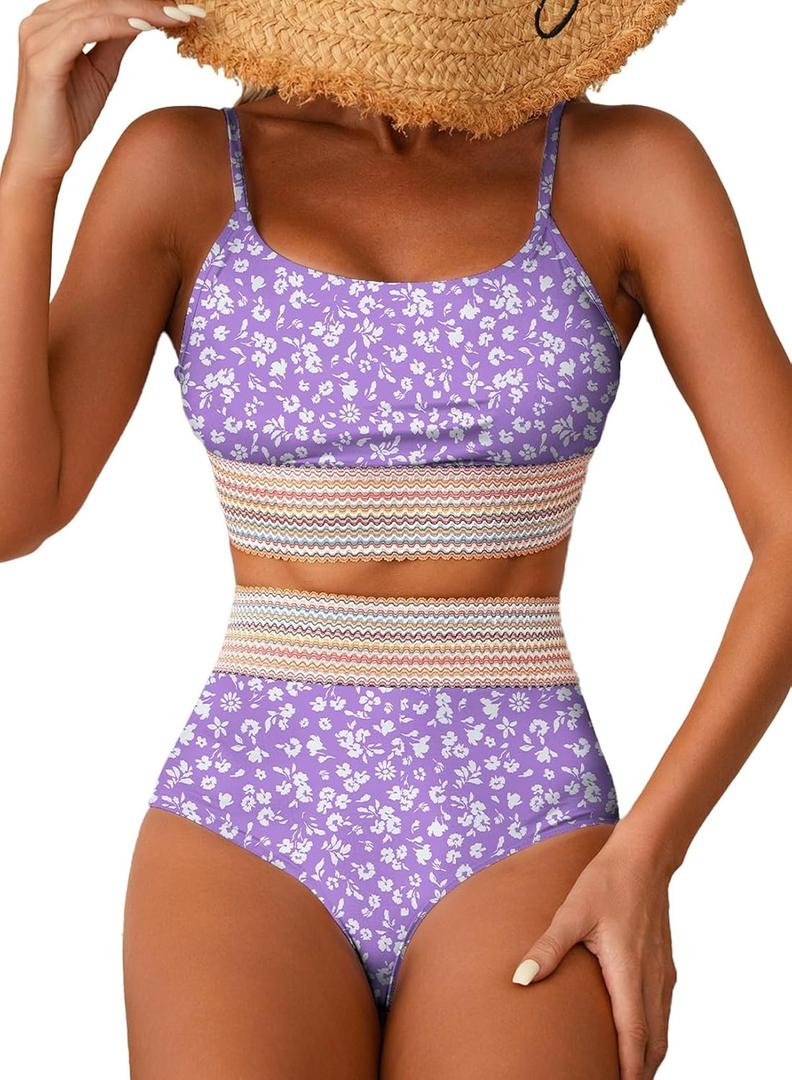 Herseas Women's High Waisted Bikini Sets 2 Piece Tummy Control Swimsuits Full Coverage Bathing Suit Summer Beach Swim Wear (Purple, S)