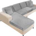 NAISI Sectional Couch Covers 8 Pieces Velvet Couch Cushion Covers L Shape Soft Stretch Sofa Slipcovers with 2pcs Pillowcases for Left/Right Chaise Sectional Couch(3 Seater+1 Chaise+4 Back,Light Grey)